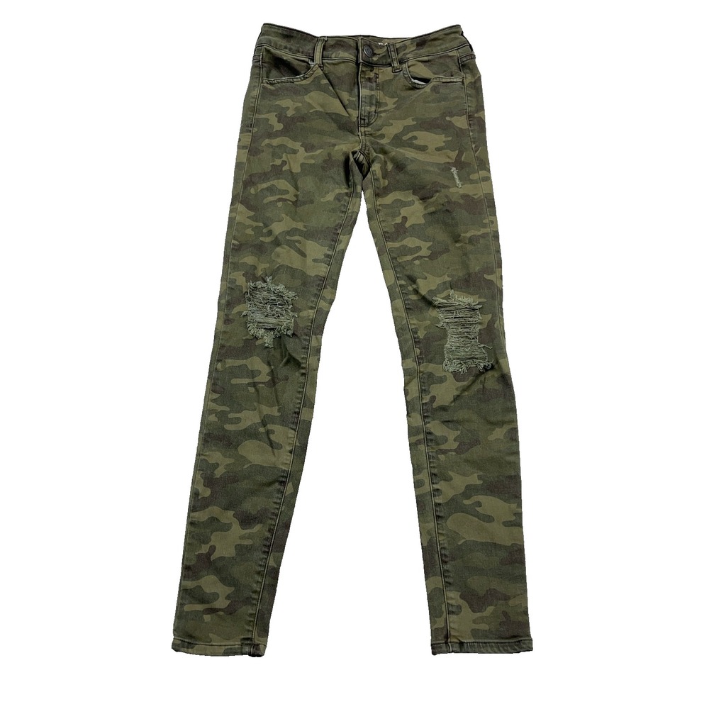 American Eagle Jegging Jeans Women 4 Green Camo Army Military Mid Rise Holes